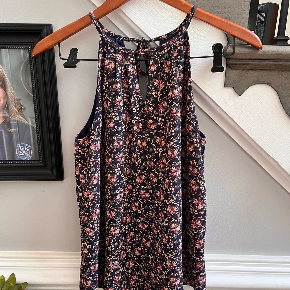 Blue Pair Navy & Pink Ditsy Floral Halter Swing Top sz XS